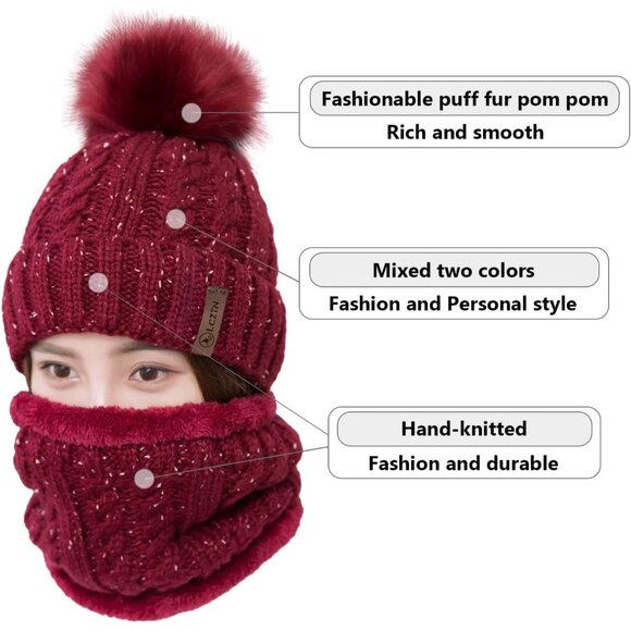 Women's Pom Beanie Hat and Scarf Set Cute Winter Ski Hat with Fleece Lining - Picture 2 of 7